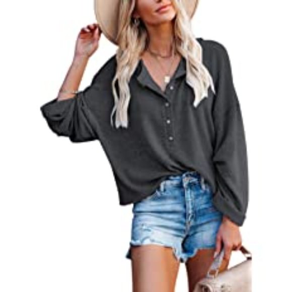 Bdcoco Women's V Neck Button Down Henley Tops Casual Long Sleeve Knitted Crop Bl - Picture 2 of 3